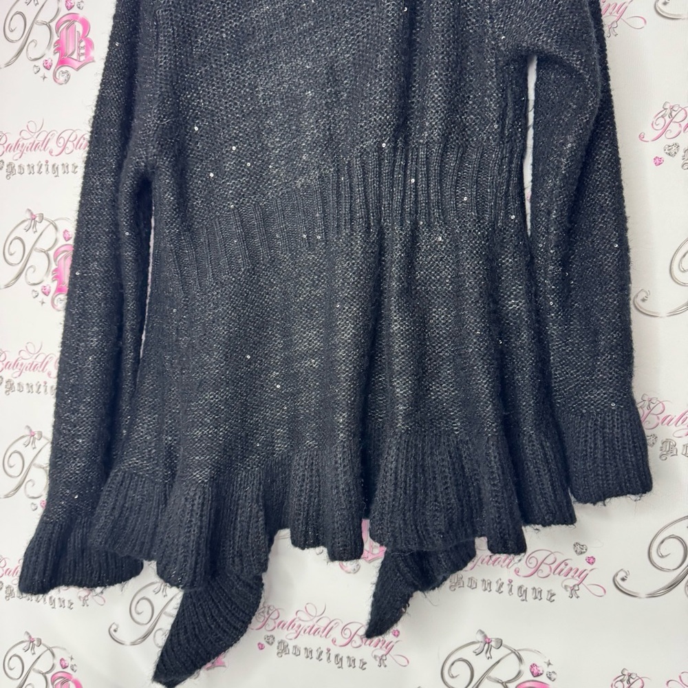Valenti cardigan sequins sparkly furry fur neckline tie up Black Women's Sweater - Picture 6 of 10